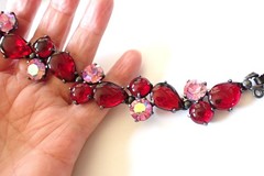 Vintage Signed Schiaparelli Bracelet Large Red & Pink Cabochon AB Crystals