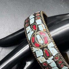 Nepalese Brass Bangle Bracelet Mosaic Turquoise Coral Inlay Boho Ethnic Jewelry