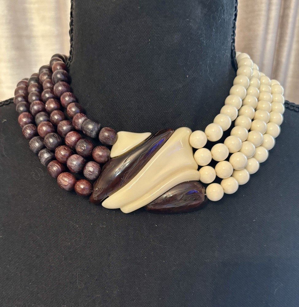 Vintage Yves Saint Laurent Resin & Wood Beaded Muti-Strand Necklace Made France