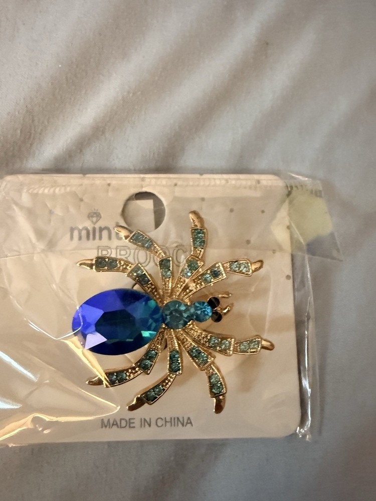 Aqua Rhinestone Gold Tone Spider Brooch