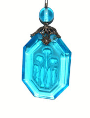 Art Deco Czech Pendant Necklace Floral Intaglio Carved Etched Blue Camphor Glass