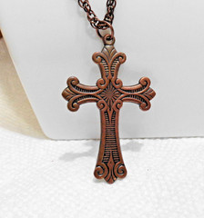 Large Vintage Solid Copper Cross / Crucifix Pendant & 22″ Curb Link Chain 12.6 g