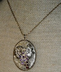 Vintage Art Nouveau Revival Grapes Locket Pendant Necklace Ormolu Rhinestones