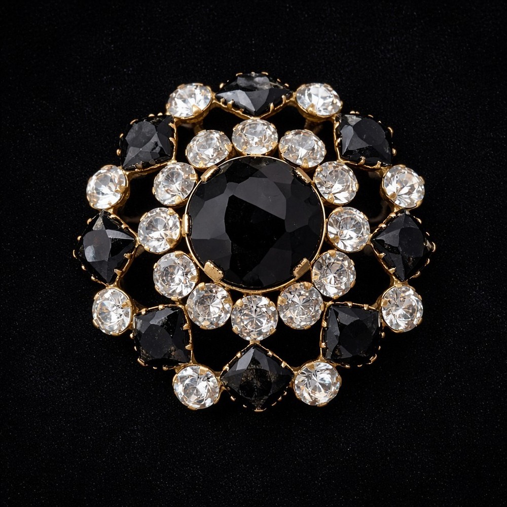 Vintage Black Jet & Clear Rhinestone Brooch Faceted Crystal Statement Pin…