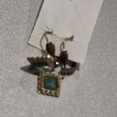 Vintage Goldtone Square Green Jade Dangle Earrings Ornate Beaded Frame Leverback