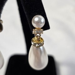 Monet Pearl Drop Earrings Stacked Tiered Faux Pearls & Crystal Accents
