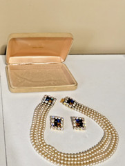 VTG De Liguoro Italy Faux Pearl Multi Strand Rhinestone Clasp Necklace, Earrings