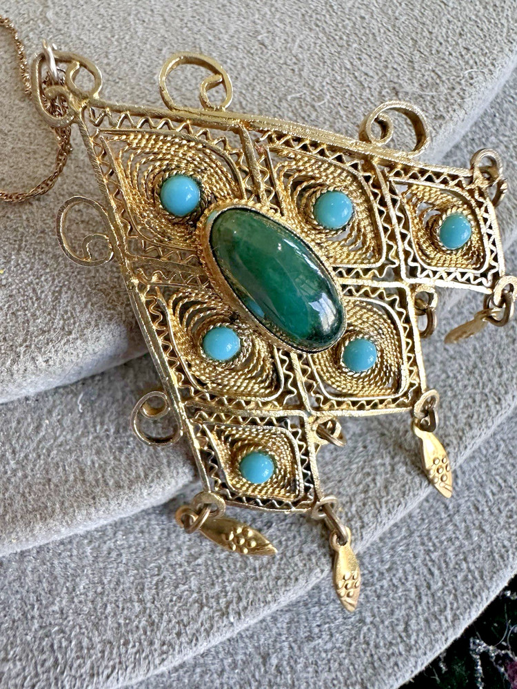 Israel 935 Sterling Gold Eilat King Solomon Filigree Brooch Pendant Necklace 18″