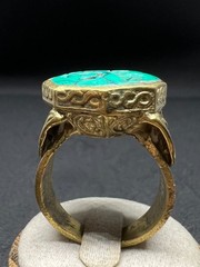 Rare Ancient Bronze Ring Carved Green Stone Animal Motif Antique Size 9 US