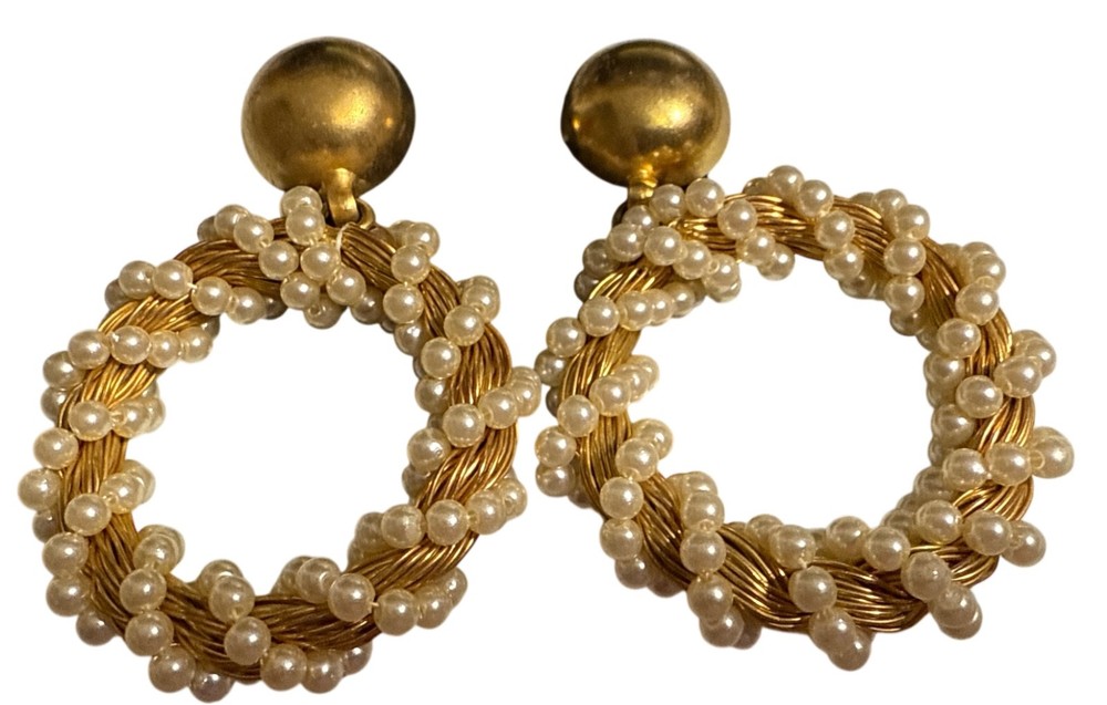 Pearl & Gold Twisted Round Clip Back Earrings 3″