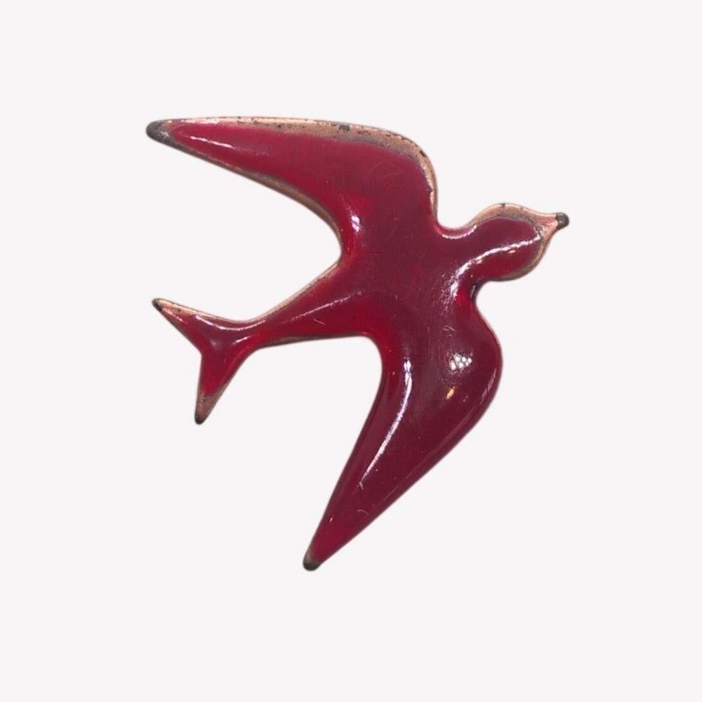 Vintage MCM Red Enamel on Copper Bird Swallow Pin Brooch 1.5″
