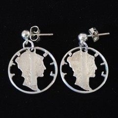 Mercury Dime Cutout Pierced Earrings Vintage .900 Silver Dangle Earrings