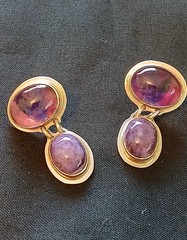 Vintage Sterling Silver Earrings Oval Amethyst Cabochons Signed Mexico SLV