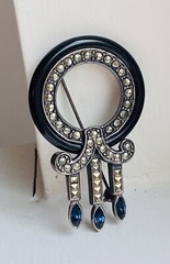 VINTAGE 925 STERLING SILVER ONYX SAPPHIRE MARCASITE ART DECO BROOCH PIN 11-GRAMS