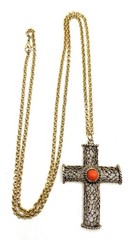 Vintage Estate 2 3/4” Cross Gold Tone Orange Stone with Chain 36”Long Necklace