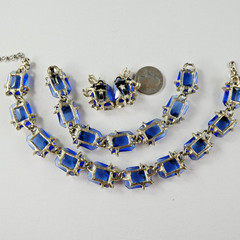 Vintage BSK Blue Glass Crystal Leaf Demi Parure Necklace Bracelet Earrings SET