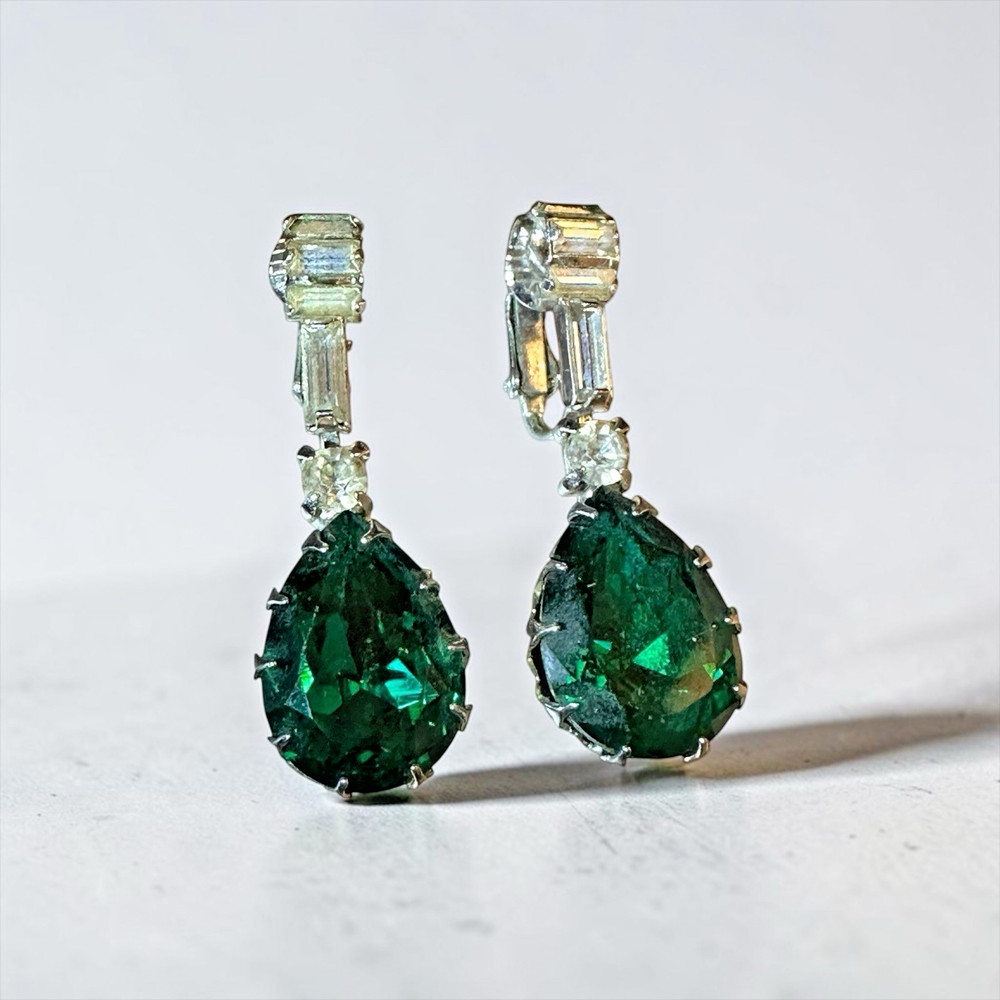 Vintage Art Deco Emerald Rhinestone Dangle Tear Drop Chandelier Earrings