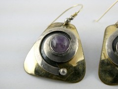 Vintage Artisan Made Mixed Metals Sterling Silver Amethyst Hook Earrings 13.9g