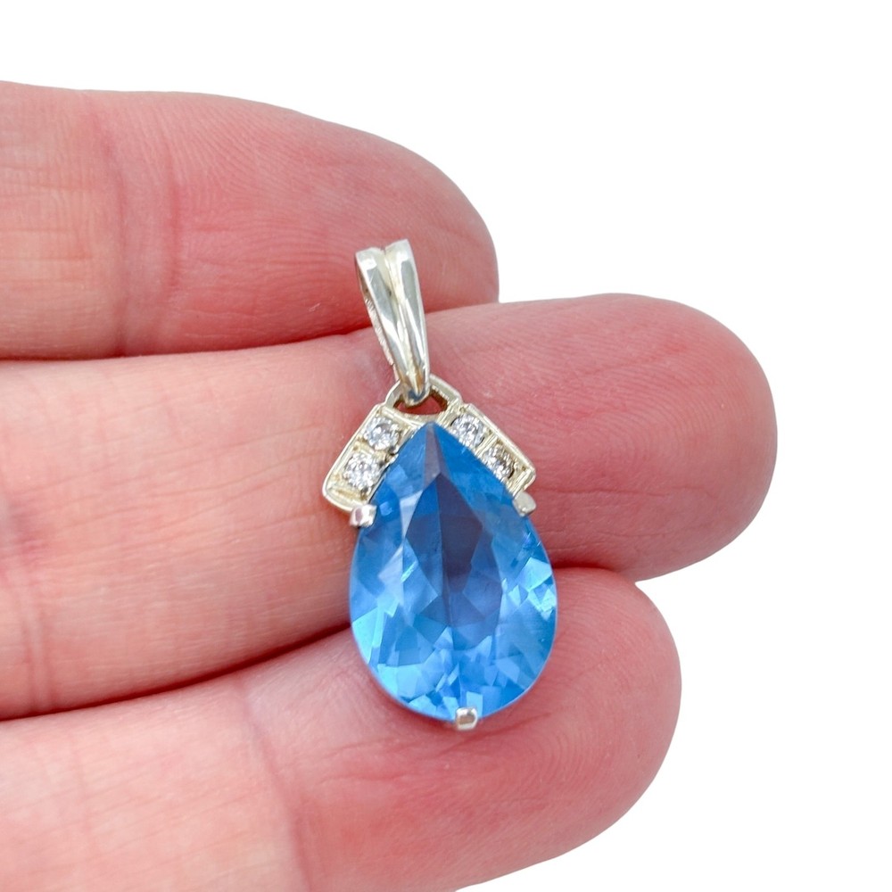Vintage Sterling Silver 925 Blue Cubic Zirconia Teardrop Pendant