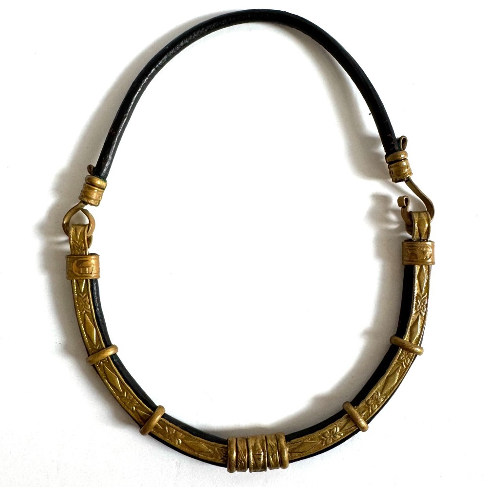 Vintage Black Leather Brass Artisan Choker Necklace Tribal Boho Statement Collar