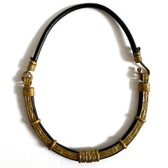 Vintage Black Leather Brass Artisan Choker Necklace Tribal Boho Statement Collar