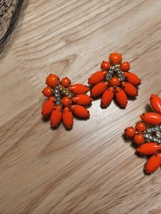 Vintage Delizza Elster Juliana Jewelry Set Brooch Clip On Earrings Orange