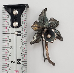 VTG Sterling Silver Orchid Flower Brooch 2in Faux Pearl Center Patina Estate
