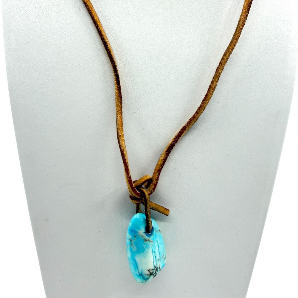Leather Cord Necklace Faux Turquoise Blue Stone Pendant Casual Minimalist