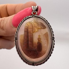 Antique Old Hand Carved Natural Shell Woman’s Jewelry Pendant Cameo Silver 900
