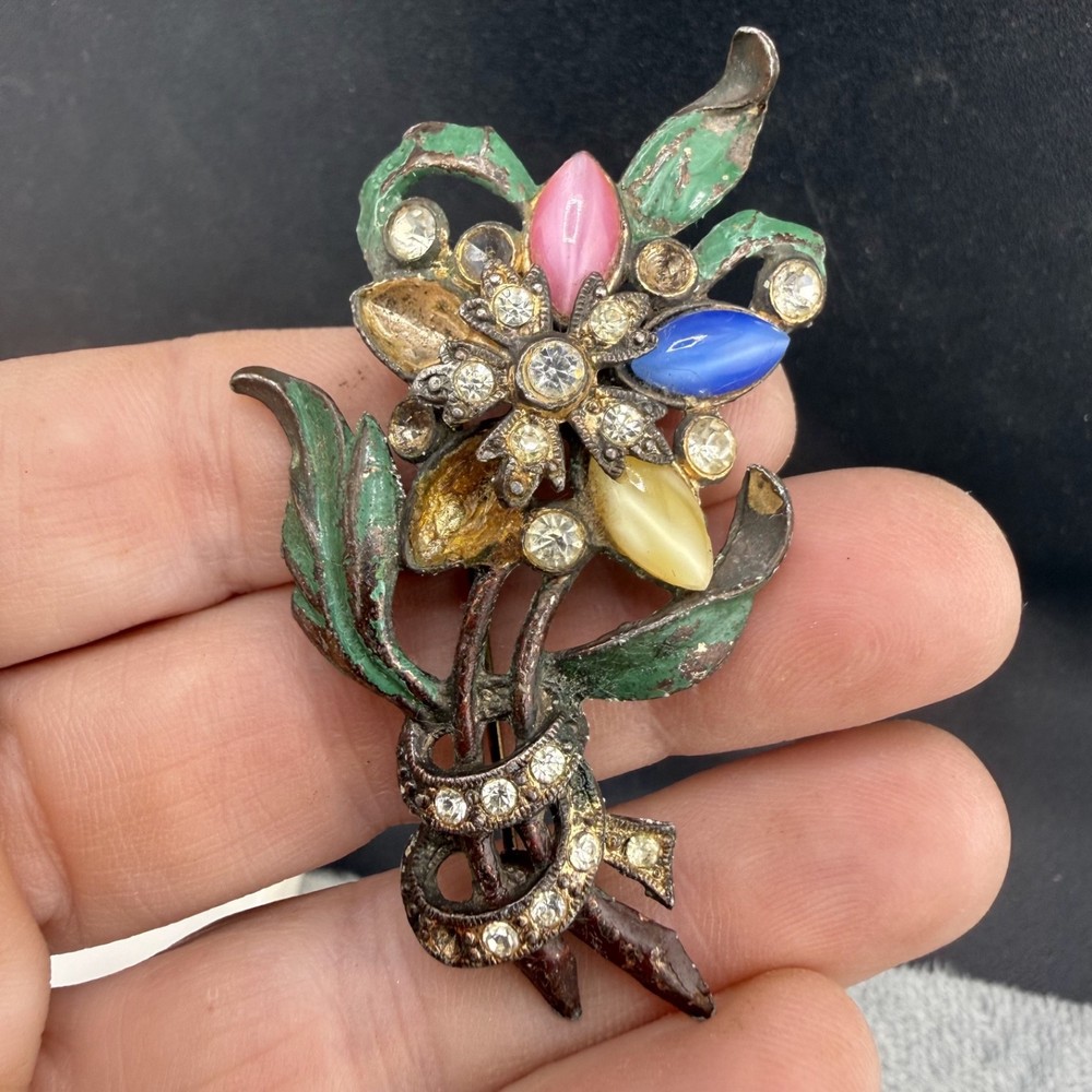 Vintage Pot Metal Brooch Rhinestone Flower REPAIR READ