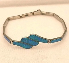 Vintage Mexico Inlayed Fire Opal Link Bracelet Box Clasp 7.75″ Sterling 925 OOAK