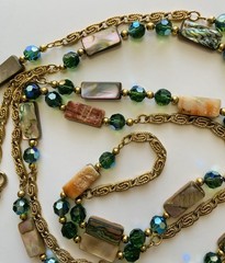 Vintage 80s NAPIER Necklace Abalone Mother Of Pearl & Green Crystals Boho Fairy