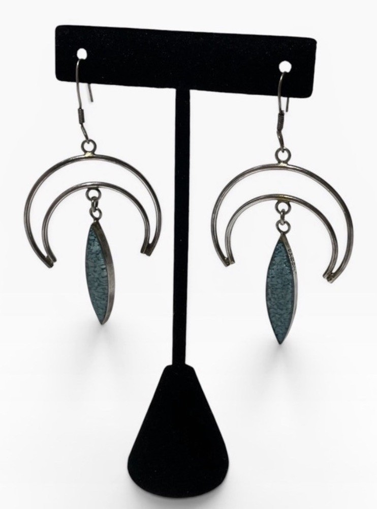 Vintage Alpaca Mexico Modernist Double Crescent Turquoise Inlay Dangle Earrings