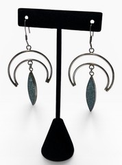 Vintage Alpaca Mexico Modernist Double Crescent Turquoise Inlay Dangle Earrings