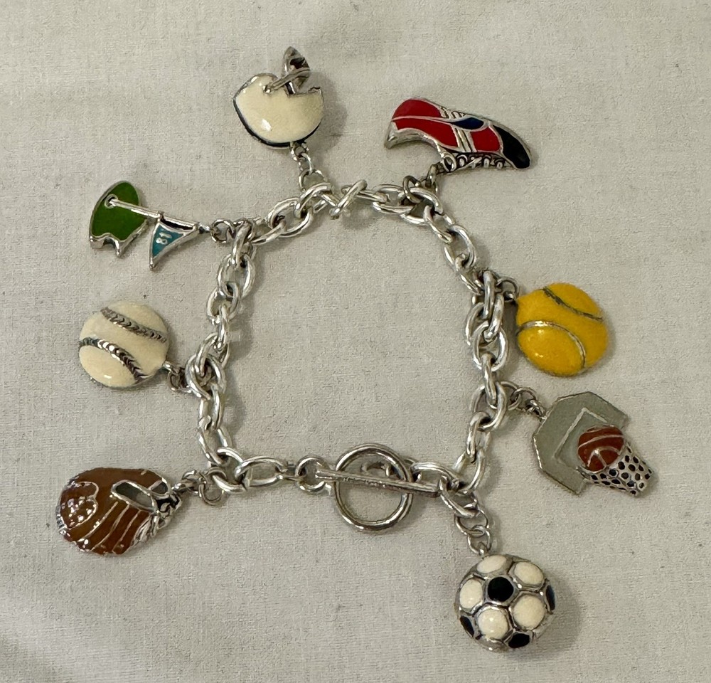Sporty Girl Charm Bracelet-Enamel Charms On Silver Tone-Soccer-Golf-Balls-Helmet