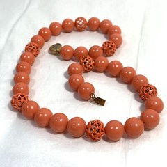 VINTAGE Orange Acrylic Metal Filigree Bead Necklace Gold Tone Box Clasp 18″