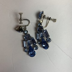 Vintage light blue rhinestine faux Dangle Screw Earrings silver toned pale