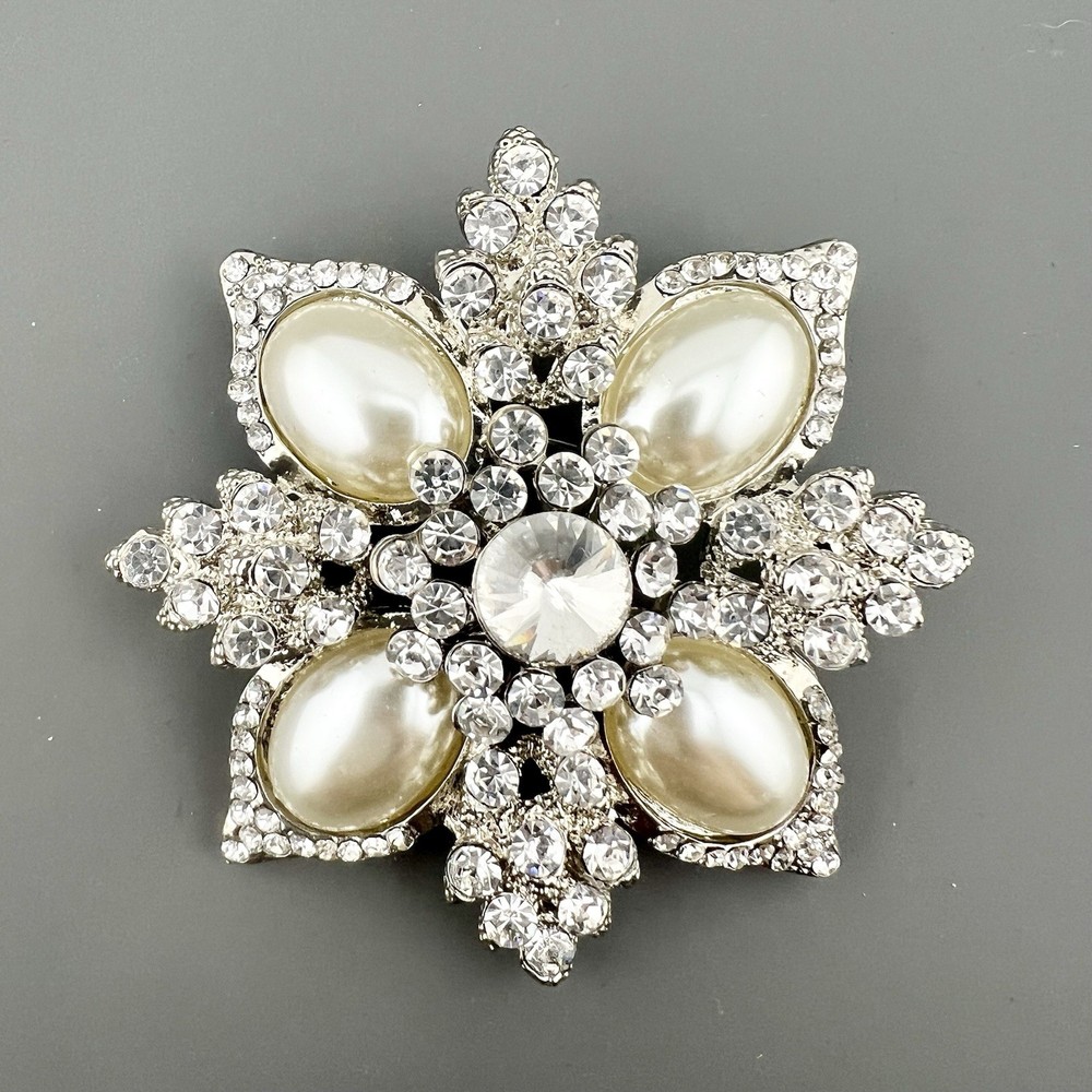 Vintage Rhinestone Brooch Pendant Domed Faux Pearl Snowflake Flower Silver Tone