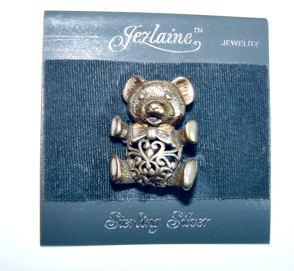 Jezlaine Signed Jaz 925 Sterling Silver Brooch Pin Scroll Animal TEADY BEAR BOW