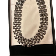 LANVIN Collection Necklace Silver Tone Multi Strand Ribbon Tie Chain Box