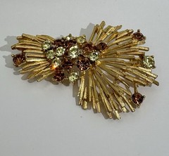 Vintage Signed Lisner Gold Tone Spray Brooch Brown Yellow Rhinestone Mid Century