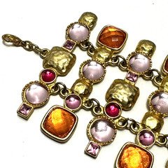 Vintage Signed VCLM Bracelet Gold Tone w/ Pink & Orange Stones 8″ Long 2.5″ Wide