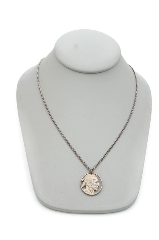Vintage Necklace Silver Tone Carved Buffalo Nickel 24″