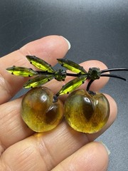 Vintage Austria Forbidden Fruit Frosted Glass Double Peach Brooch