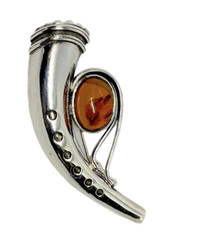 Estate 925 Sterling Silver Amber Scottish Horn Brooch/Pin