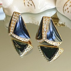 Vintage Ciner Asymmetrical Gold Plated Black Enamel Crystal Clip-On Earrings