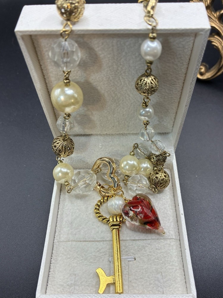 Romantic Vintage Assemblage Necklace, Valentine Heart Key & Carabiner, OoaK