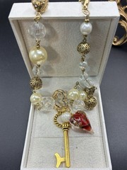 Romantic Vintage Assemblage Necklace, Valentine Heart Key & Carabiner, OoaK