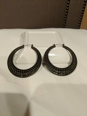 Vintage Earrings Hoop Wire Closure Hollow Metal Embossed Damask Motif Large