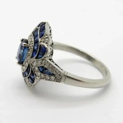 Vintage Art Deco Oval Sapphire & Lab-Created Diamond Engagement 925 Silver Ring